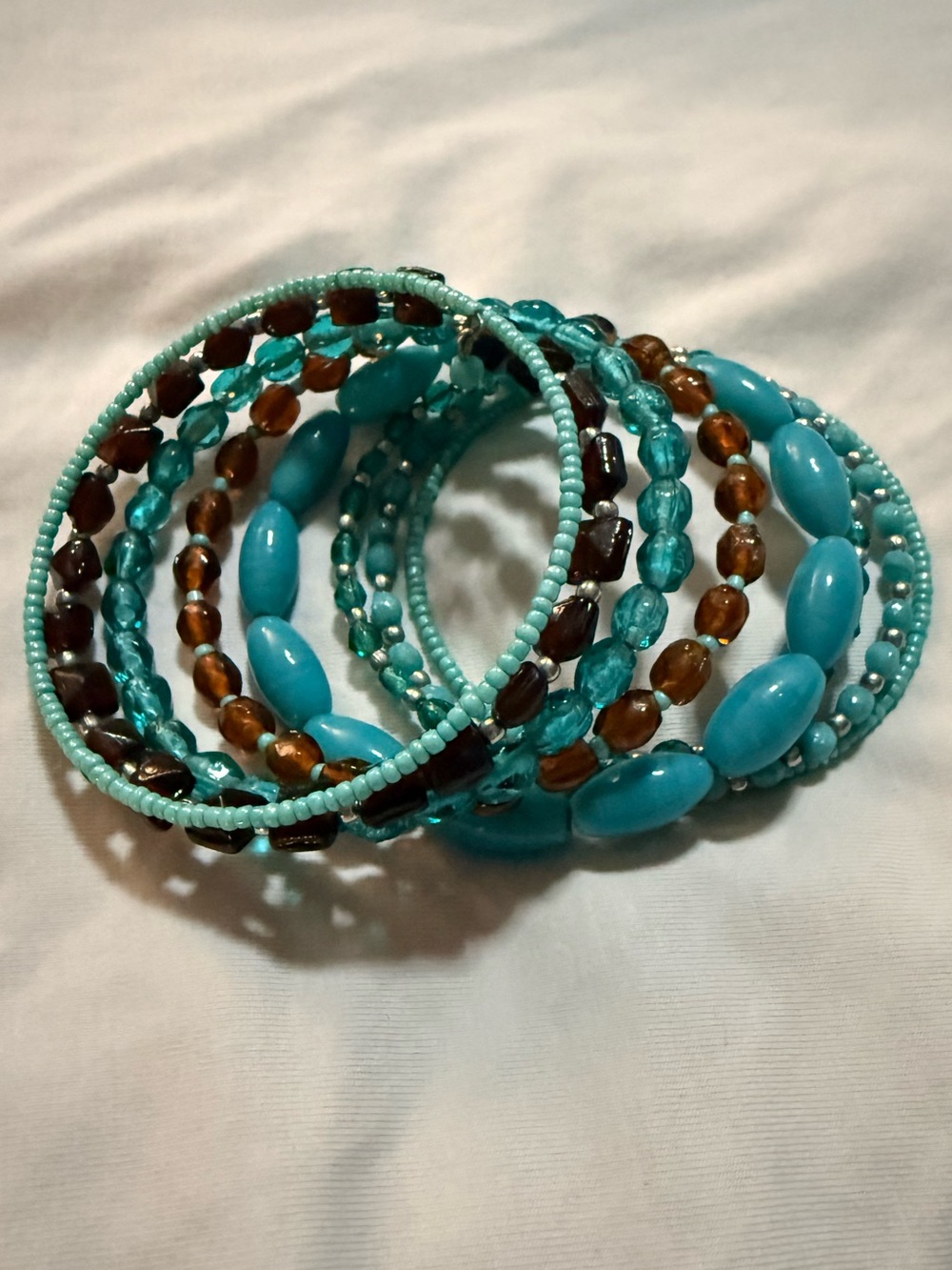 Bohemian Style Blue Brown Glass Beaded Wrap Bracelet, No Clasp, 8 layer